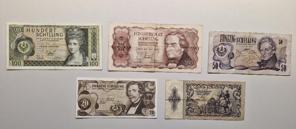 Billets en schilling autrichien — 500/100/50/20/10 ATS, Enlèvement, Autriche, Série