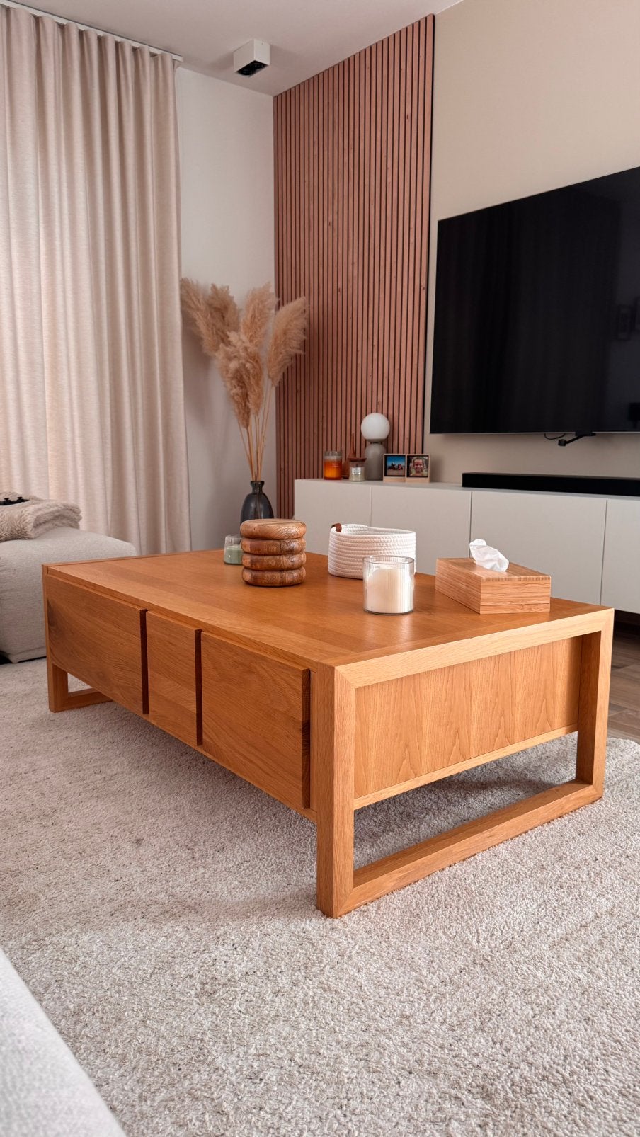 Table basse Hanita en Chêne naturel - 6 tiroirs, Enlèvement, Comme neuf, Chêne
