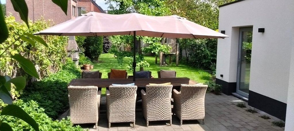 Tuinset : tafel hardhout +8x stoel + 16x kussens + parasol, Tuin en Terras, Tuinsets en Loungesets, Ophalen, Gebruikt, Hardhout