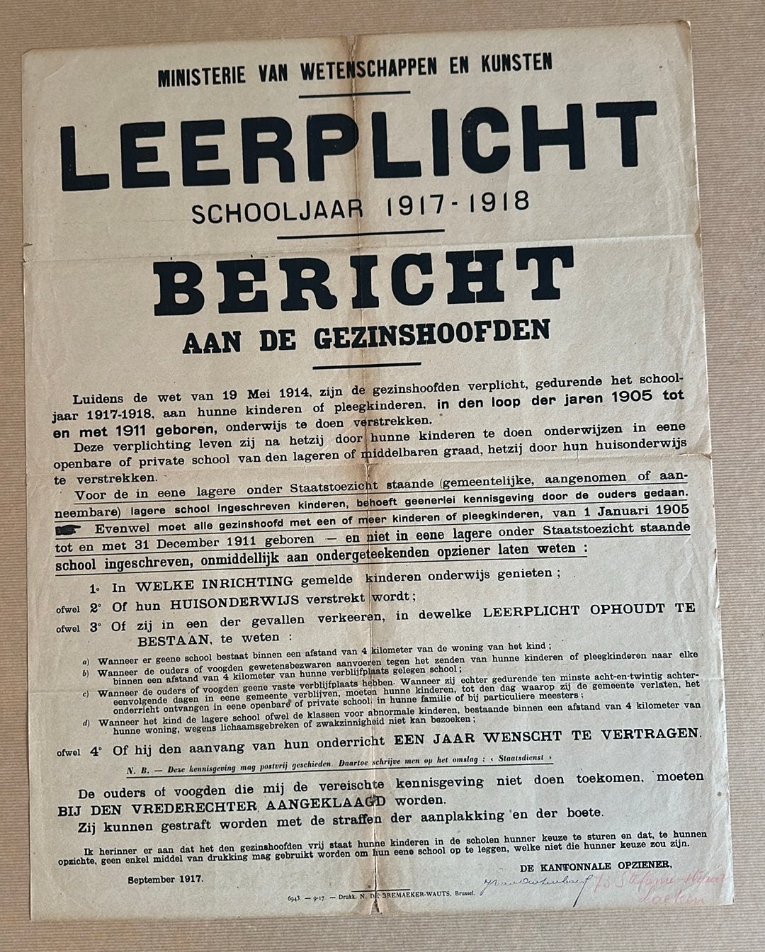 Poster 1917 leerplicht, Ophalen of Verzenden, Gebruikt, Overige onderwerpen