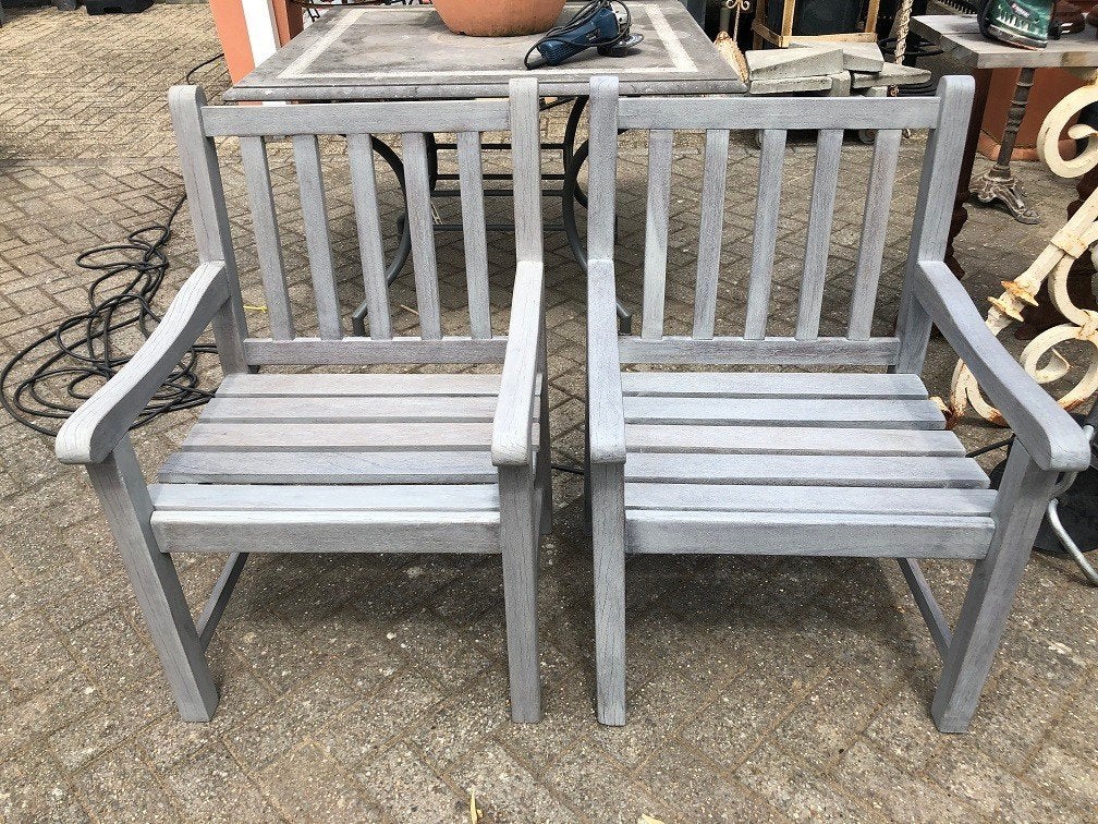 2 oude zware teak armstoelen gerestaureerd tuinstoel flamant, Tuin en Terras, Ophalen, Gebruikt, Teakhout