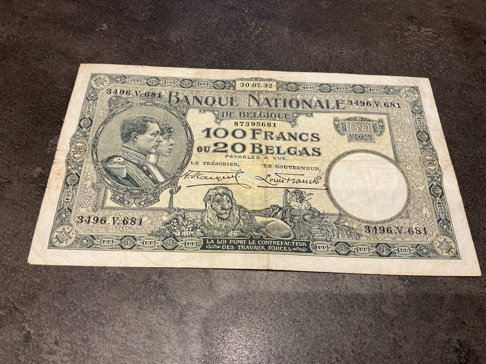 Belgique 100 francs ou 20 Belgas 1932, Enlèvement ou Envoi