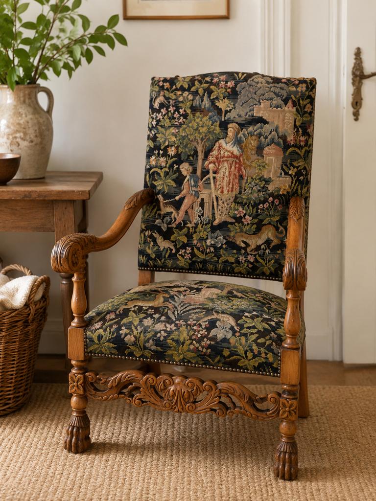 Antieke fauteuil met prachtig Gobelin jachttafereel, Enlèvement