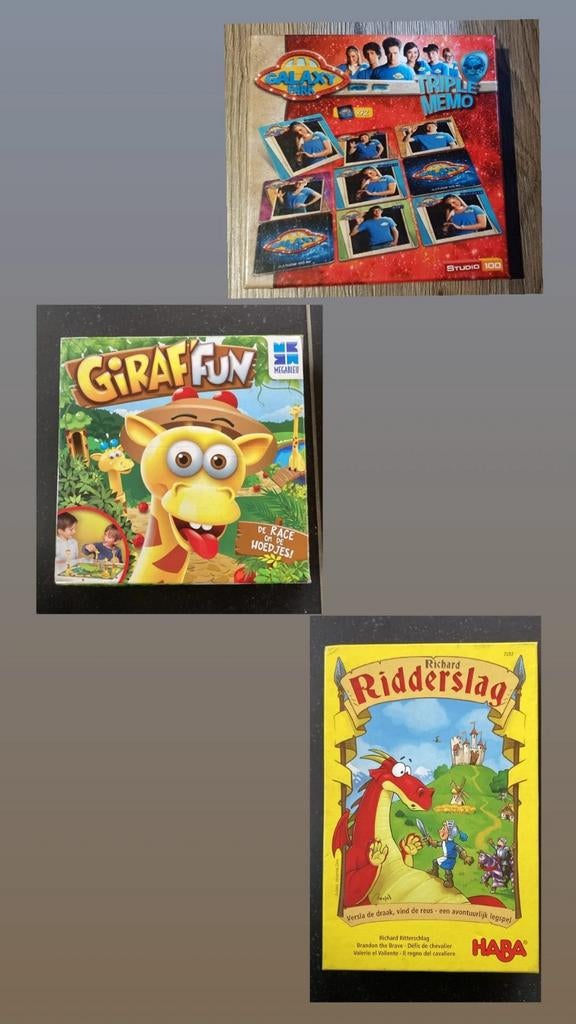 Lot van 3 gezelschapspellen (Memory, Giraf fun, Ridderslag), Trois ou quatre joueurs, Enlèvement ou Envoi, Comme neuf, Megableu