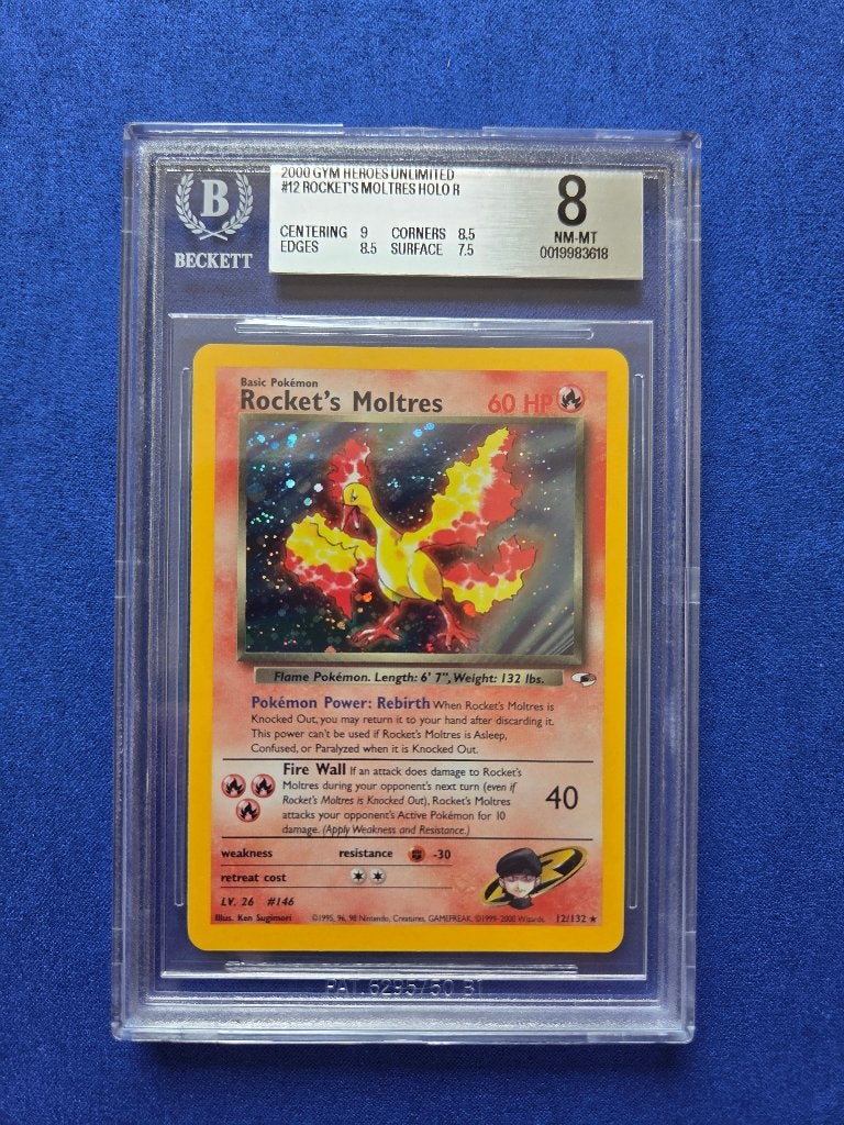 2000 Gym Heroes Rocket’s Moltres Holo 12/132| BGS 8.5, Enlèvement ou Envoi, Comme neuf, Cartes en vrac, Foil