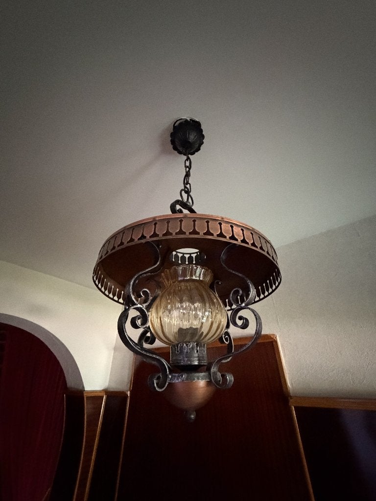 Vintage hanglamp koper & amberglas – jaren 60/70, Ophalen