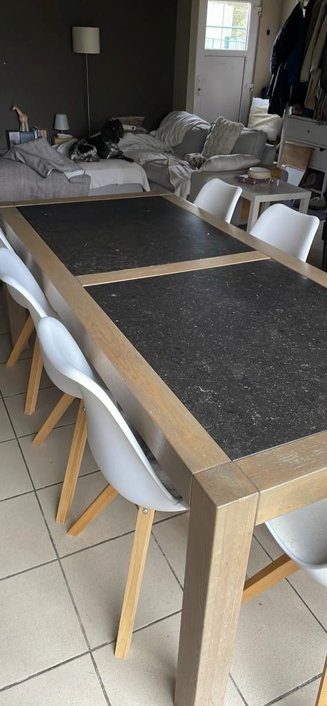 Tafel met donkere marmer, Huis en Inrichting, Tafels | Eettafels, Ophalen, Gebruikt, Eikenhout, 200 cm of meer