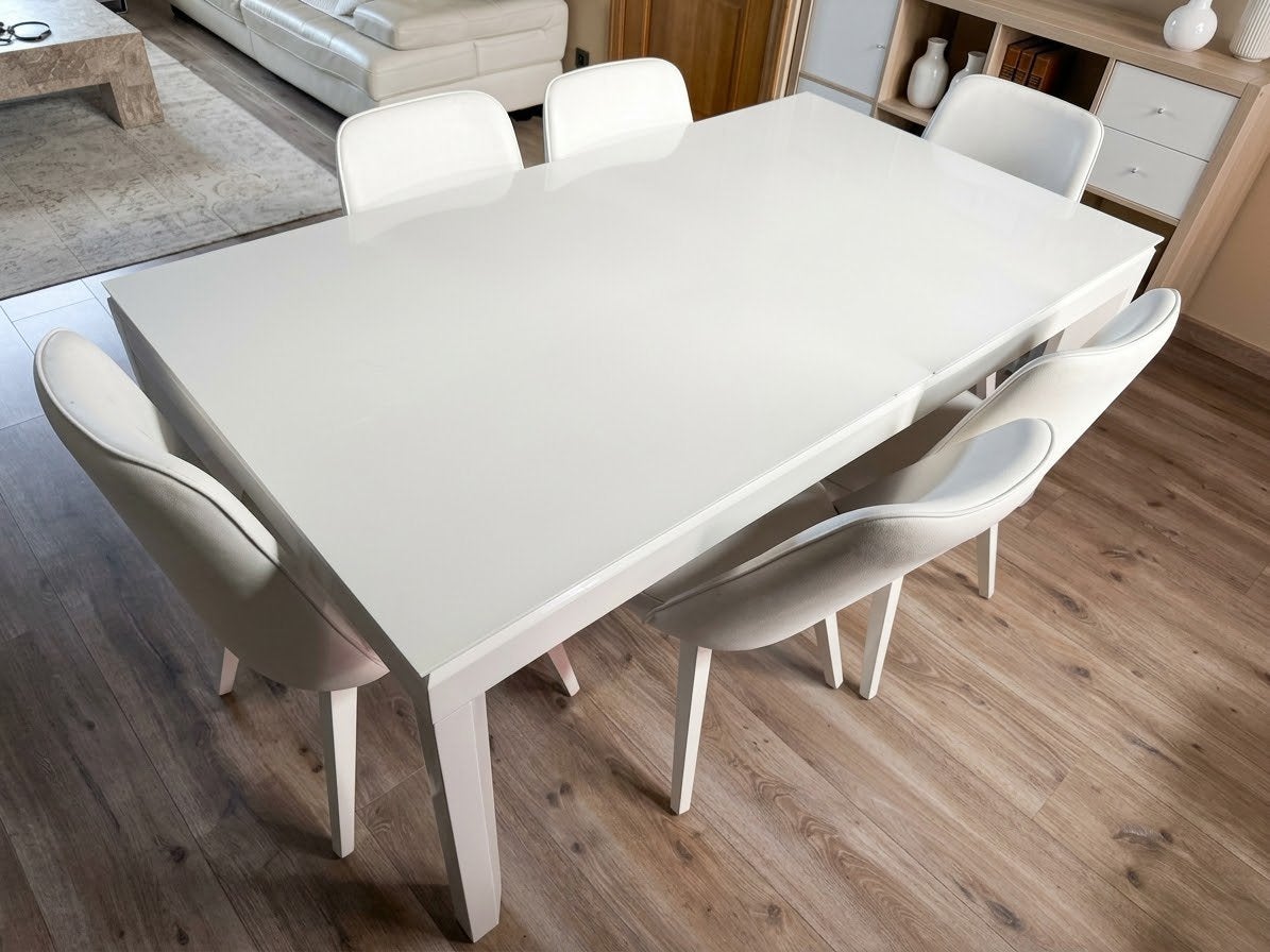 Mooie uitschuifbare eettafel (180x100cm) + 6 lederen stoelen, Huis en Inrichting, Ophalen, Gebruikt, Vijf personen of meer, Rechthoekig