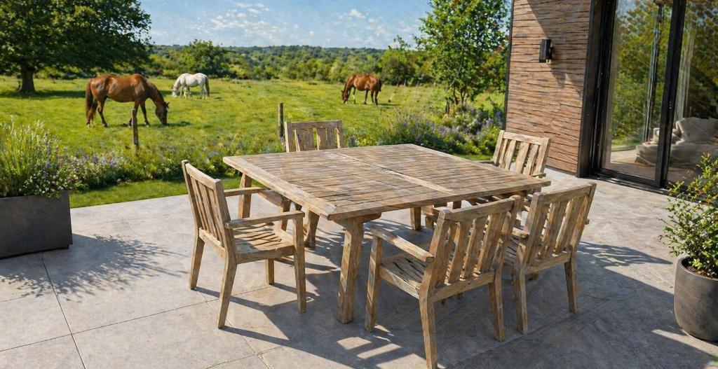 Table de jardin + 5 chaises empilables Nirvana Teak, Jardin & Terrasse, Tables de jardin, Utilisé, Rectangulaire, Bois, Enlèvement