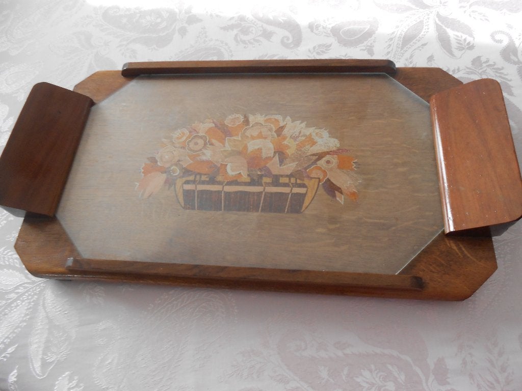 Plateau de service ancien, plateau en bois avec verre, Enlèvement, Verre, Plateau