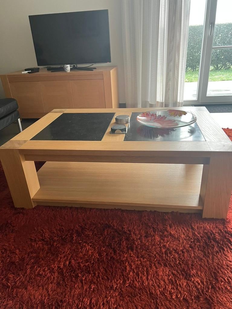 Handegemaakte blank eikenhouten salontafel mer arduinsteen, Ophalen, Gebruikt, Eikenhout, 50 tot 100 cm