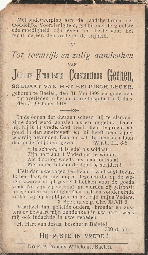 Gesneuvelde 1914-1918  Joannes Geenen Baelen - Calais, Ophalen of Verzenden