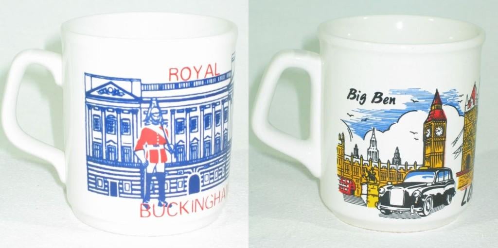 2 London Souvenir Mokken – Buckingham Palace, Big Ben & Towe, Gebruikt, Keramiek, Ophalen of Verzenden, Overige stijlen