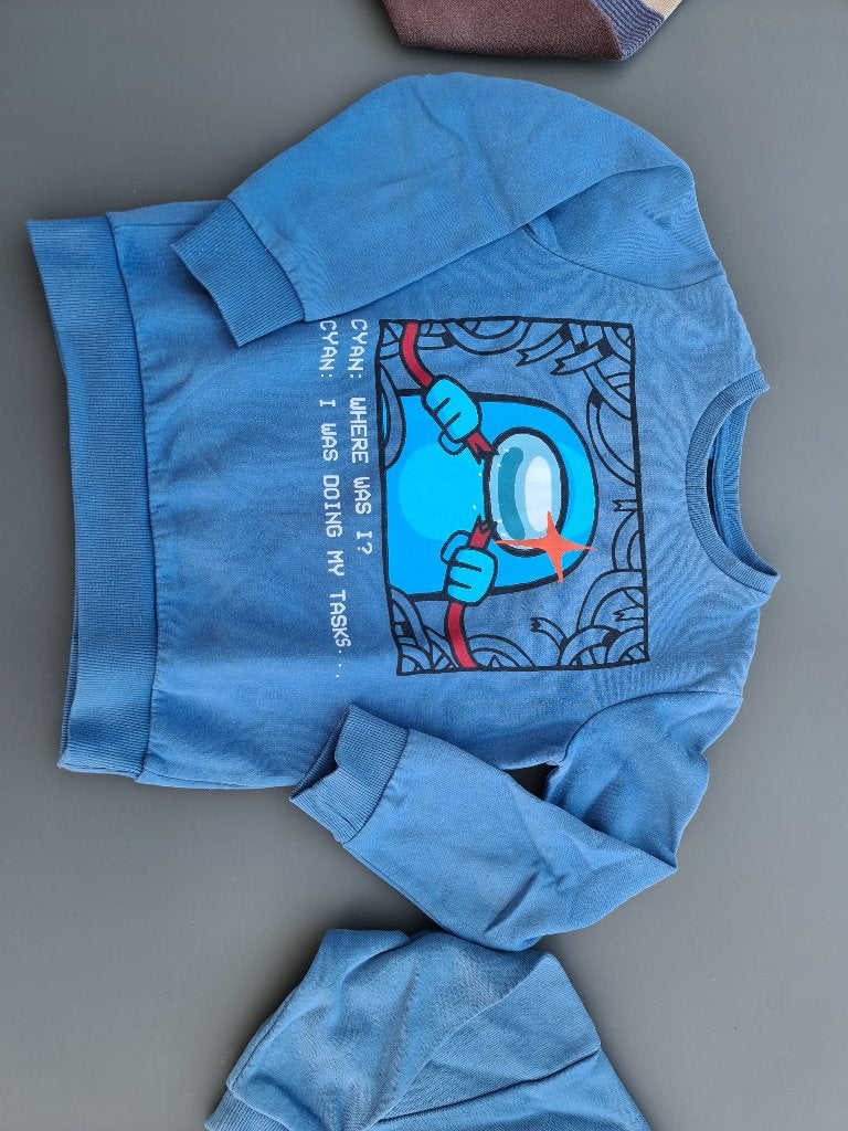 blauwe trui, pull met tekening, Among Us, 128, Kinderen en Baby's, Kinderkleding | Maat 128, Ophalen, Zo goed als nieuw
