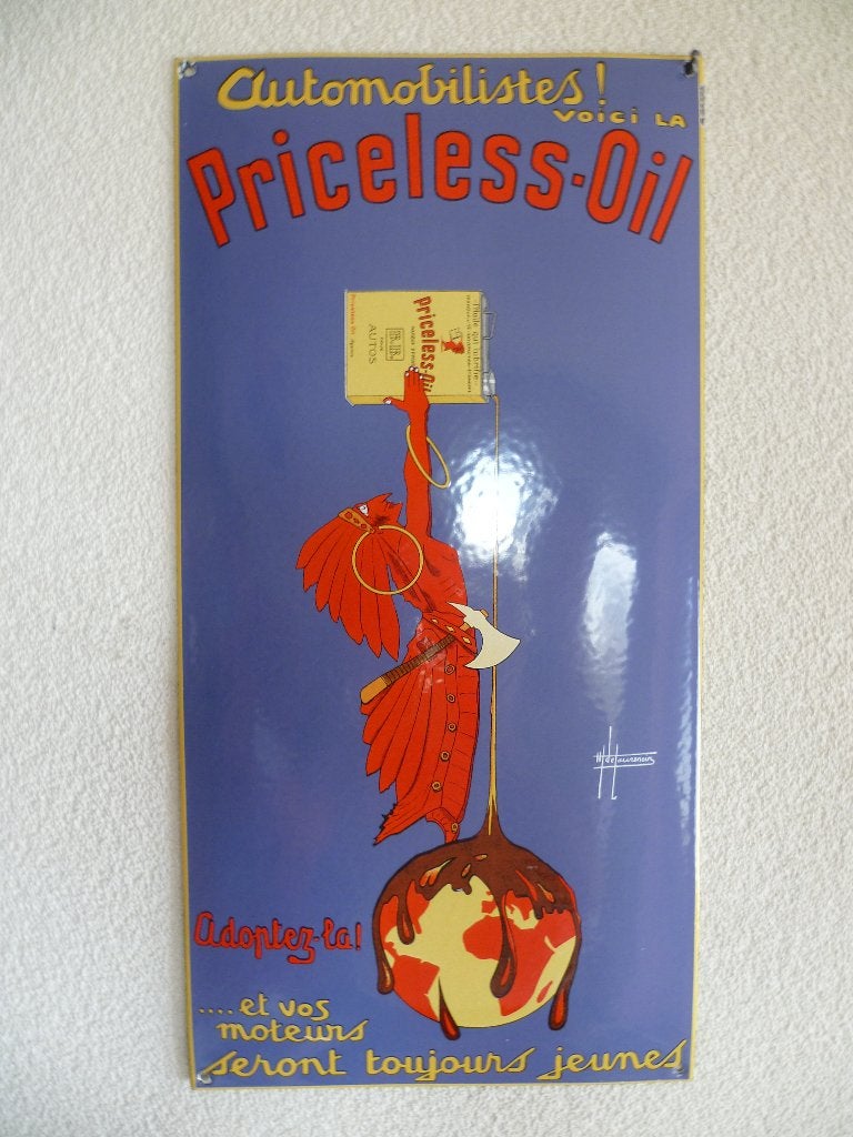 EMAILLE RECLAME BORD"PRICELESS OIL"REPRO UIT JAREN 80/90, Ophalen of Verzenden, Zo goed als nieuw, Reclamebord