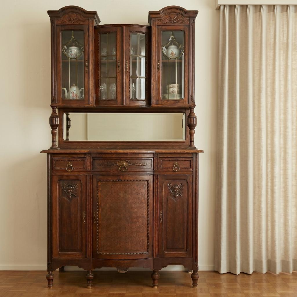 Antieke Eiken Buffetkast met facetgeslepen glas, Huis en Inrichting, Kasten | Buffetkasten, Ophalen, Glas, Gebruikt, Mechels Renaissance-stijl, interbellum
