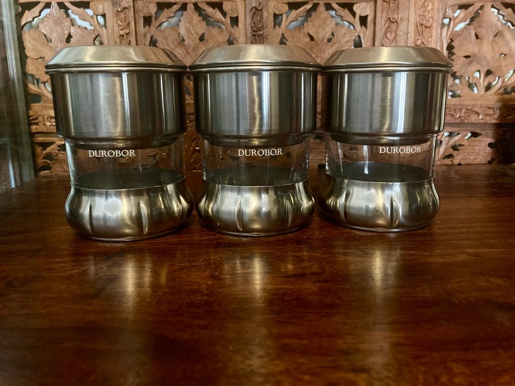 Vietnamese Phin Koffiefilter Set x3 Durobor Glas INOX 18/8, Verzamelen, Glas en Drinkglazen, Gebruikt, Ophalen of Verzenden