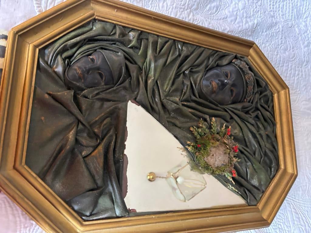 Antieke kader met 2 maskers en spiegel, Antiek en Kunst, Ophalen