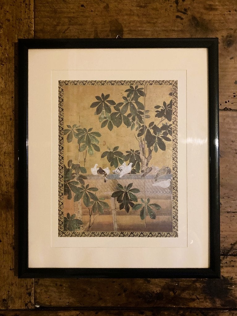 Oude Japanse kunstreproductie Duiven en rododendrons, Antiek en Kunst, Kunst | Etsen en Gravures, Overige technieken, Ingelijst