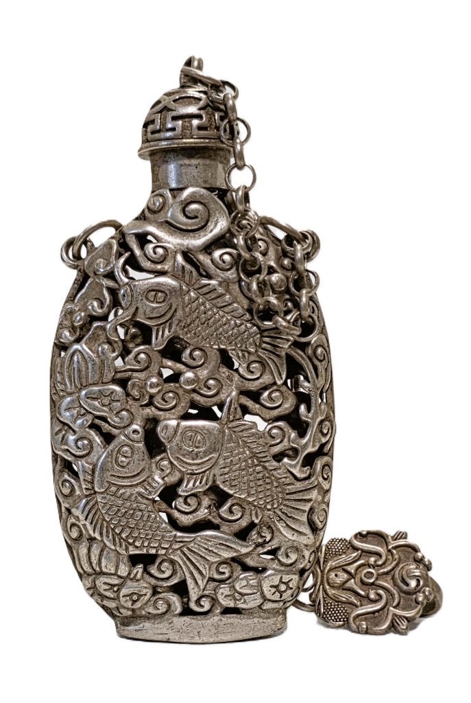 Bouteille à ceinture chinoise, poisson en et fleur de lotus., Antiquités & Art, Enlèvement ou Envoi