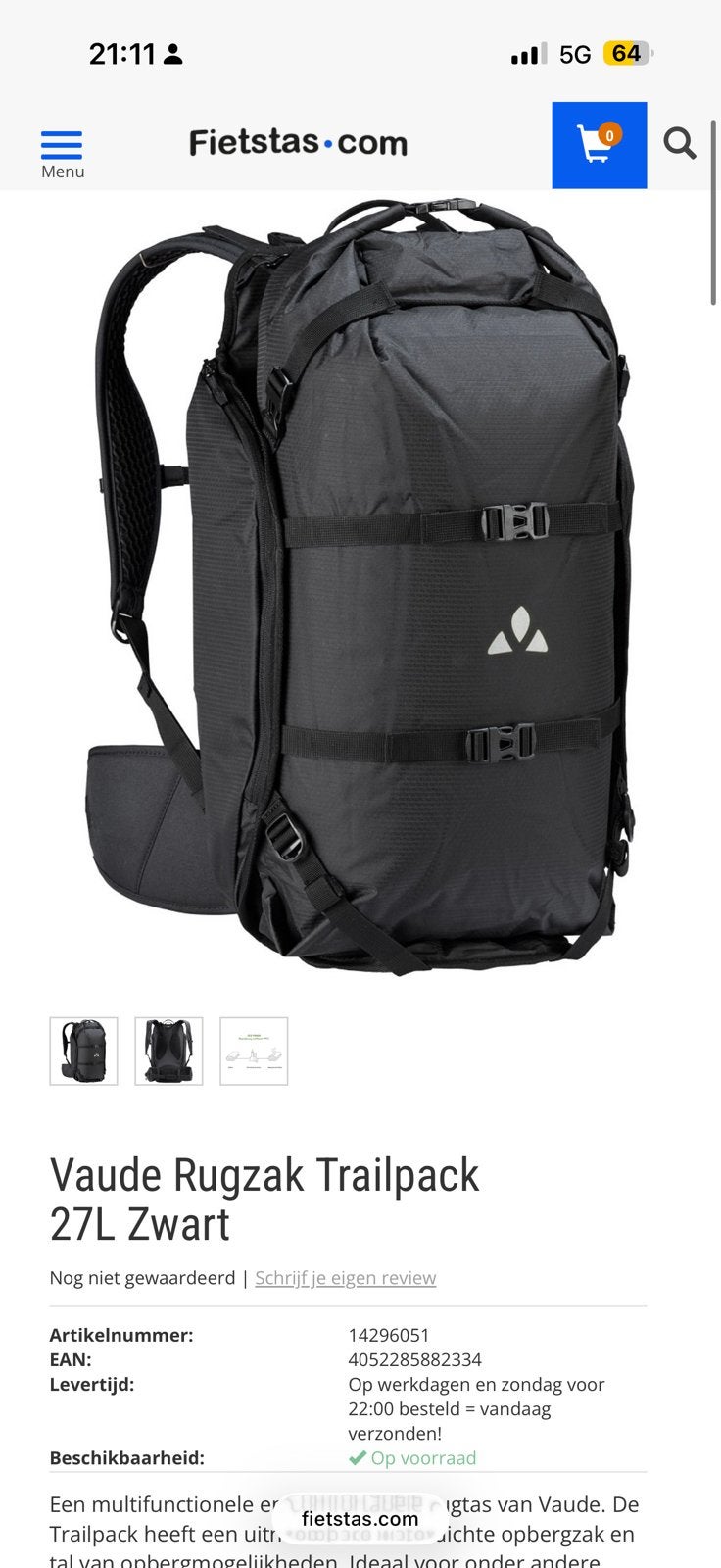 Vaude Rugzak Trailpack 27L Zwart, Ophalen, Gebruikt, Overige typen