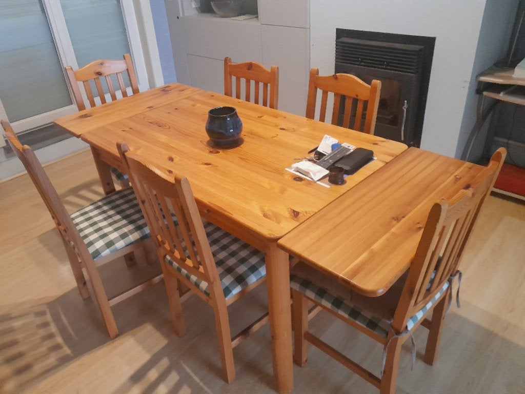 Table extensible en bois pin  + 6 chaises, Bois pin classique, 100 à 150 cm, Cinq personnes ou plus, Enlèvement
