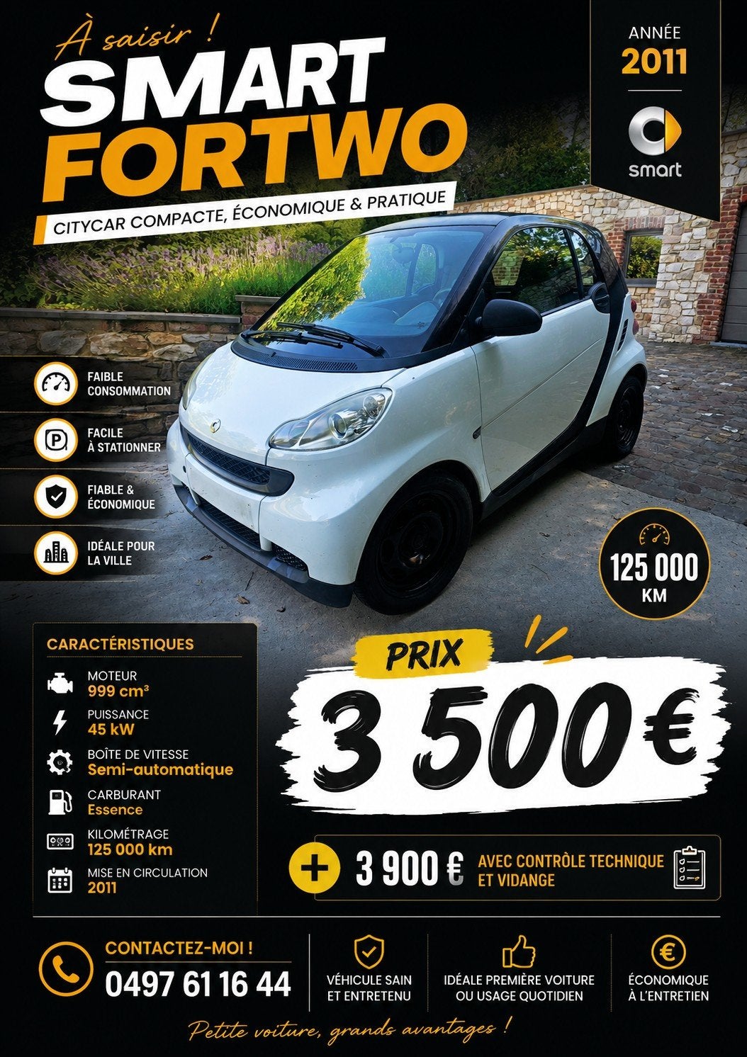 Smart fortwo 2011 999cm3 45 kw 125000km, Enlèvement