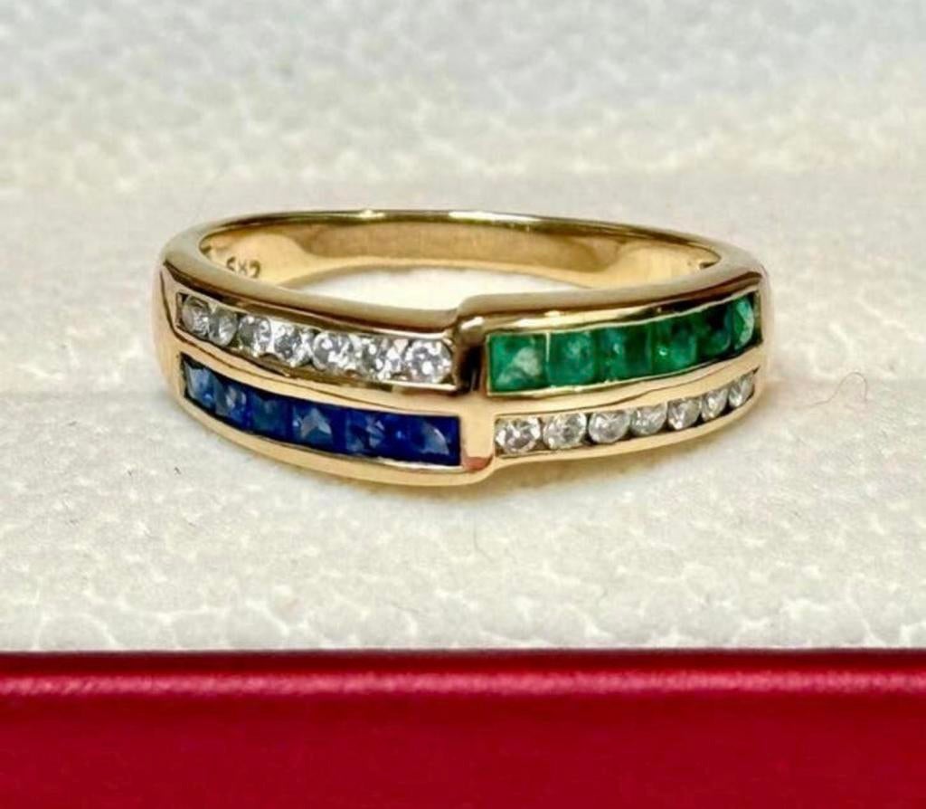 Geel gouden ring met natuurlijke diamant, saffier, smaragd!, 18 tot 19, Geel, Ophalen of Verzenden, Met edelsteen