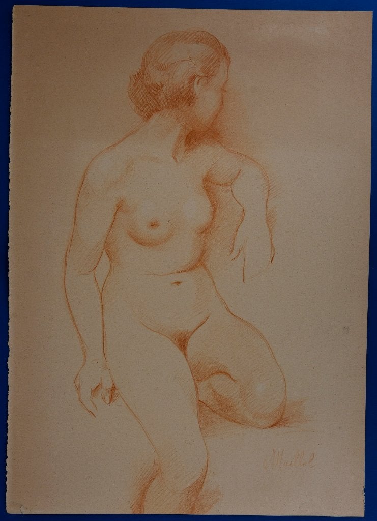Naakte vrouw zittend met sanguine, Antiek en Kunst, Portret of Personen, Ophalen of Verzenden, Tekening, Klassiek