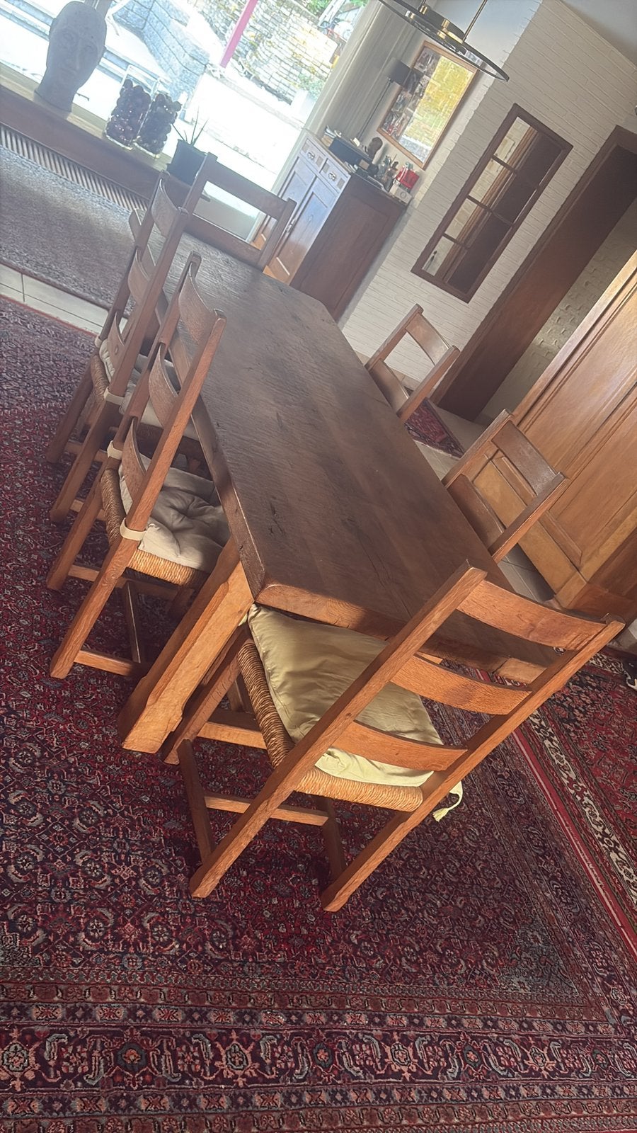 Massieve eiken kloostertafel, Huis en Inrichting, Ophalen, Zo goed als nieuw, Antiek, 6 tot 8 stoelen