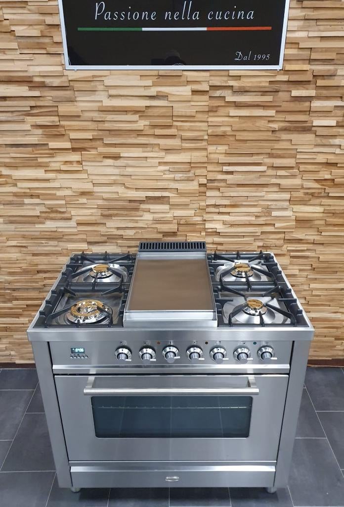 Luxe Boretti Fornuis 90cm RVS + RVS 1 oven Fry-top, Electroménager, Cuisinières, Comme neuf, Autoportant, 5 zones de cuisson ou plus