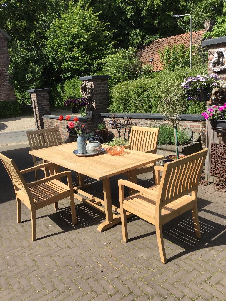 MooieTeakhouten tuinset van Gloster+nw kussens, Jardin & Terrasse, Chaise, Salons de jardin, Comme neuf, Enlèvement