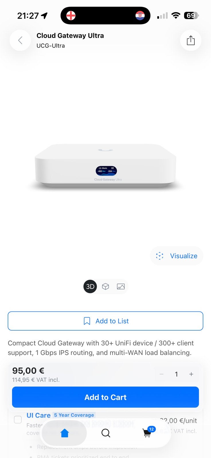 Unifi router cloud gateway ultra, Computers en Software, Routers en Modems, Ophalen of Verzenden, Zo goed als nieuw, Router