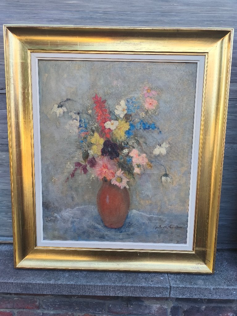 Huile sur toile fleurs signe Juliette cambier, Antiquités & Art, Enlèvement ou Envoi, Fleurs, Toile