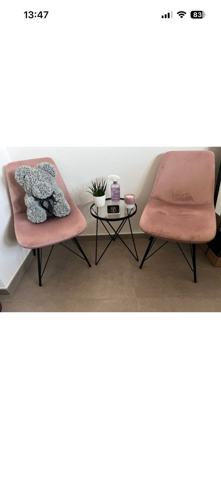2 velvet stoelen & glazen tafeltje, Huis en Inrichting, Stoelen, Ophalen, Zo goed als nieuw