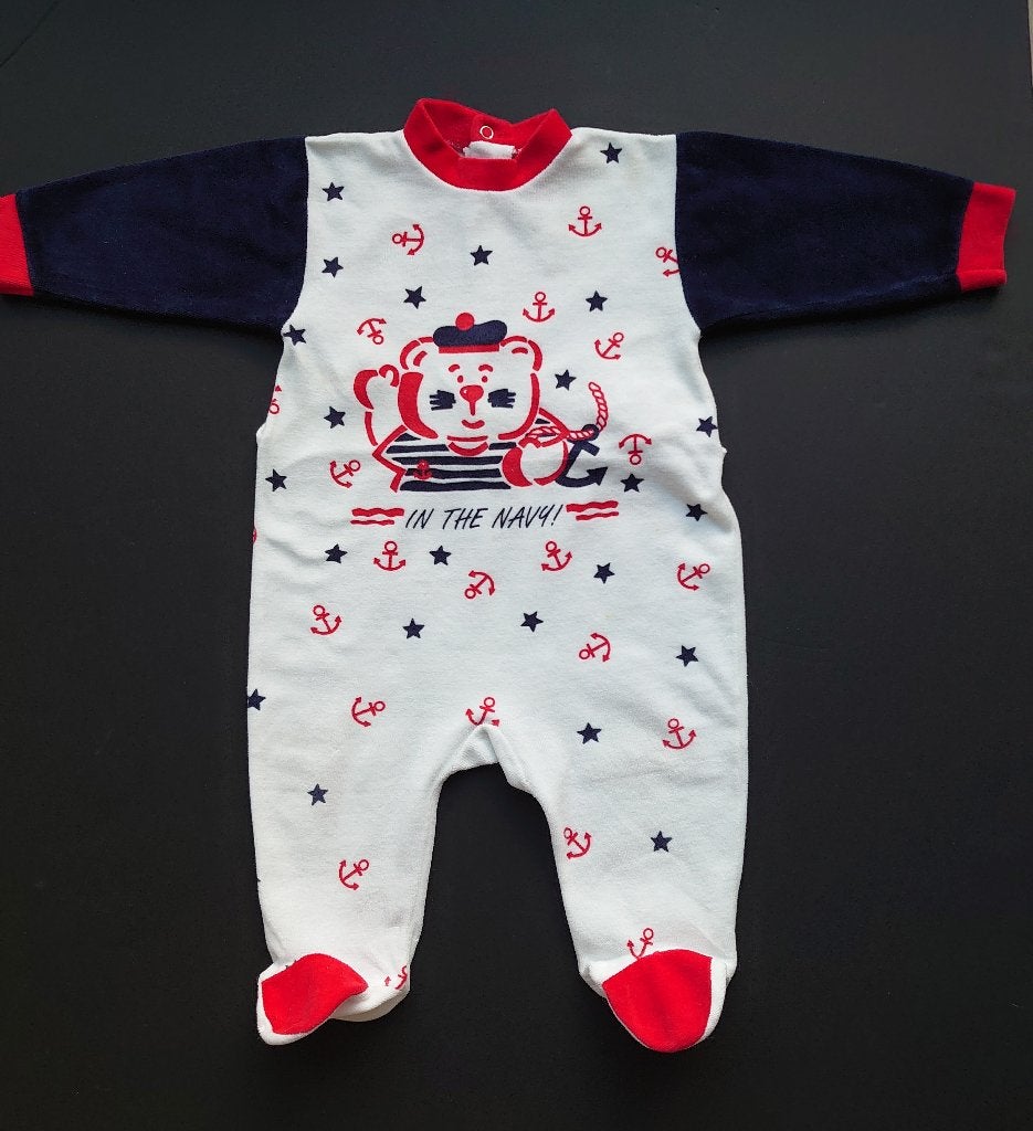 Vintage velours babypakje "In The Navy!" | Maat 74 • 9 mnd, Ophalen of Verzenden, Zo goed als nieuw, Unknown, Pakje