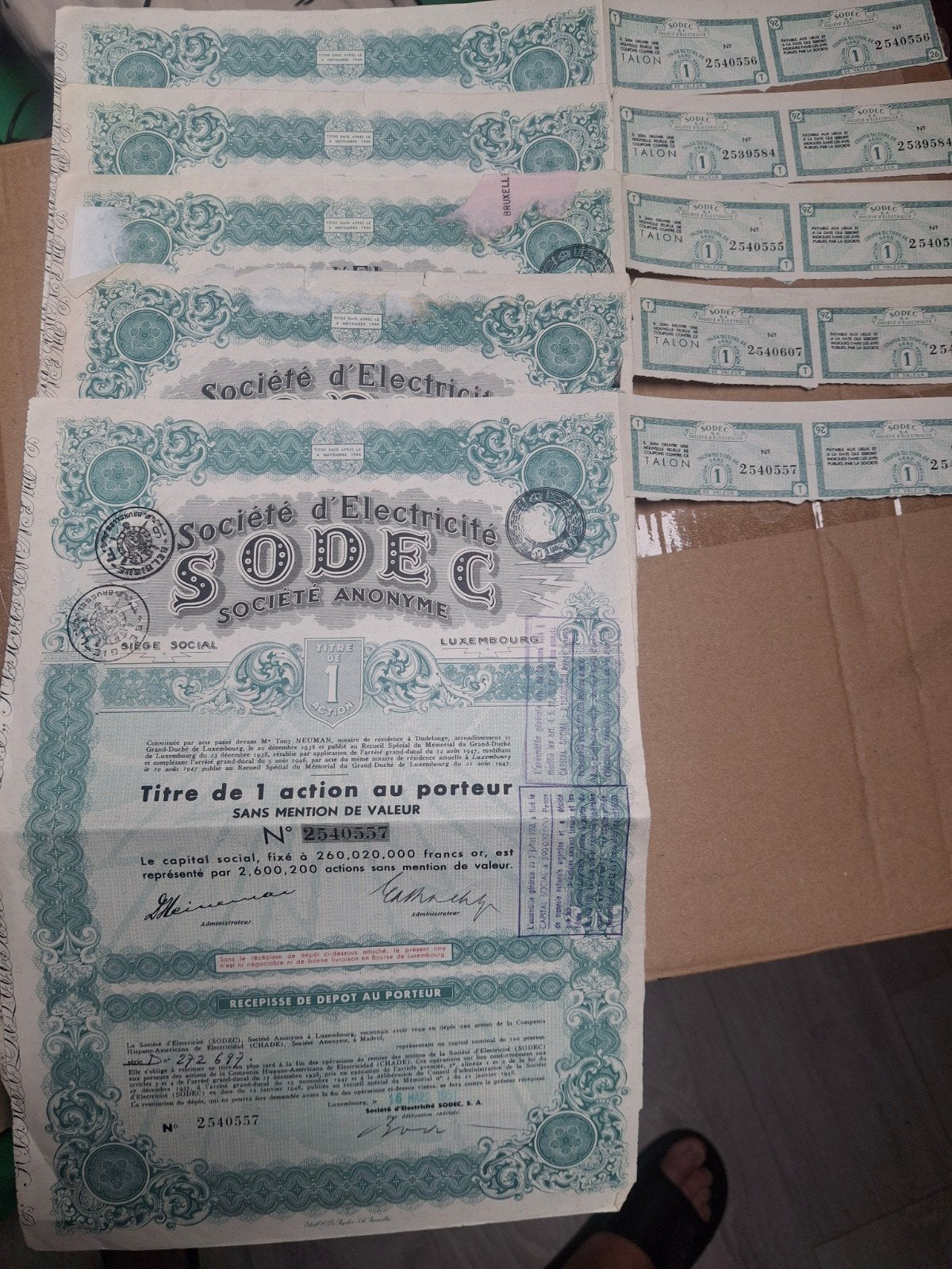 lot van 5 aandelen van 1 aandeel aan toonder SODEC, Postzegels en Munten, Aandelen en Waardepapieren, 1920 tot 1950, Aandeel