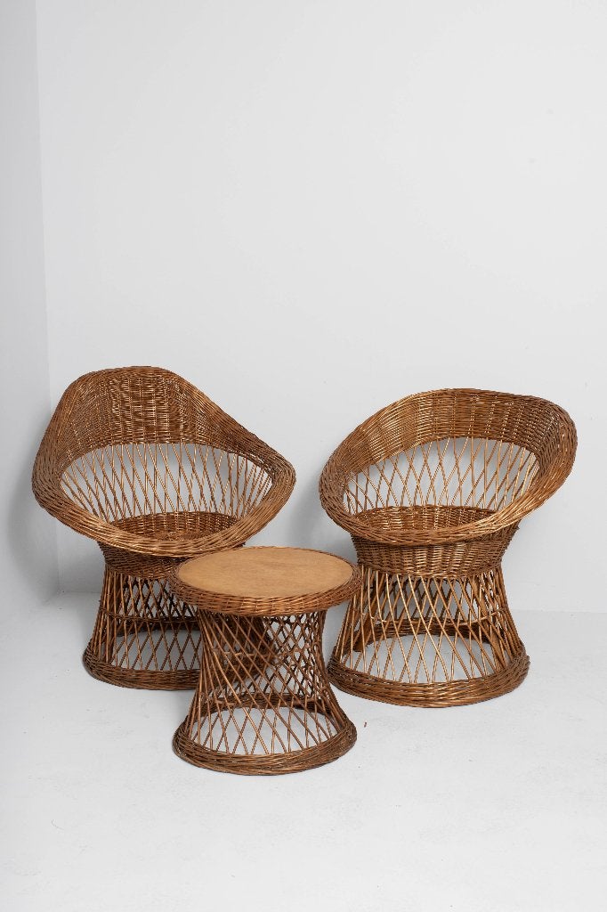 vintage 2 fauteuils + bijzettafel – jaren 60/70, Maison & Meubles, Fauteuils, 75 à 100 cm, Osier ou Rotin, Enlèvement, Utilisé
