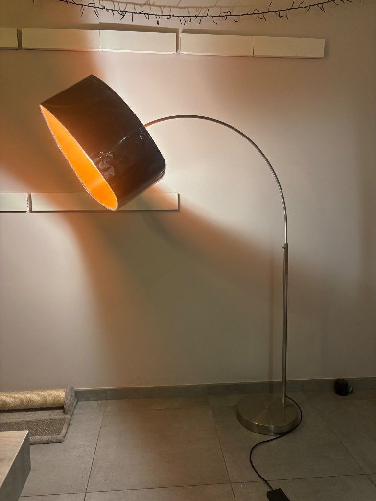 Booglamp zilver met zwart-oranje lampenkap, Huis en Inrichting, Zo goed als nieuw, Vloerlamp, Zilver, Ophalen