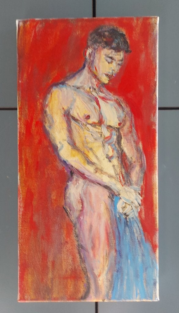 Mooi schilderij op doek mannelijk naakt 'The Shy Model', Antiek en Kunst, Gesigneerd, Ophalen of Verzenden, Overige materialen