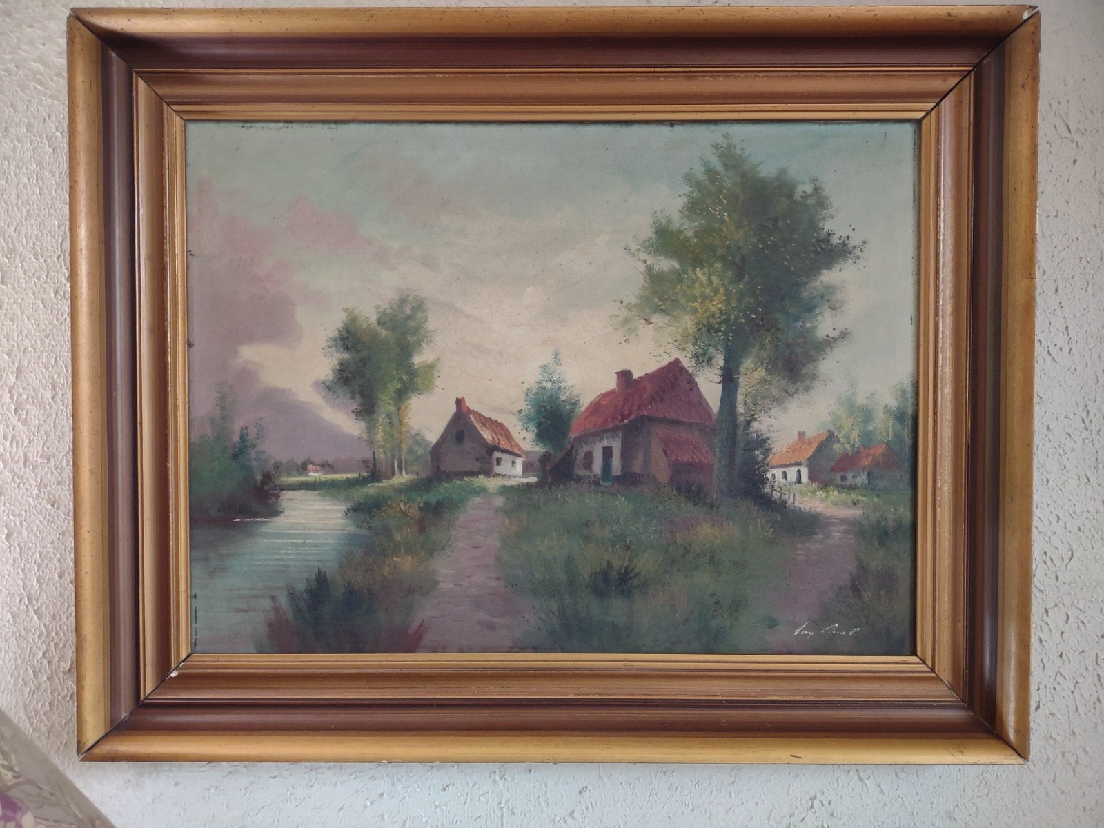 schilderij, oud landschap met huizen en water., Encadré, Paysage, Enlèvement, Toile