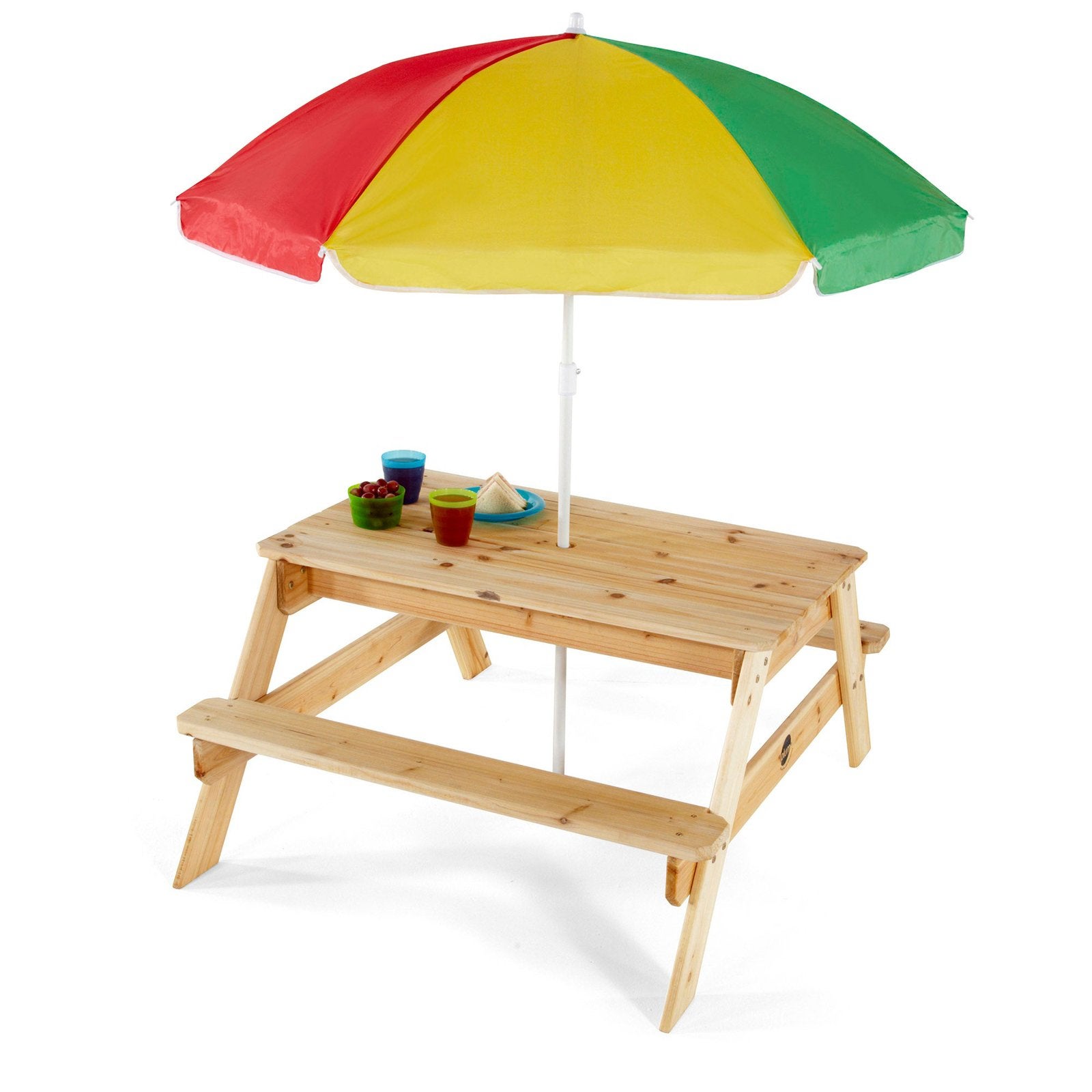 Houten picknicktafel met bankje en parasol voor de kleinsten, Ophalen, Zo goed als nieuw