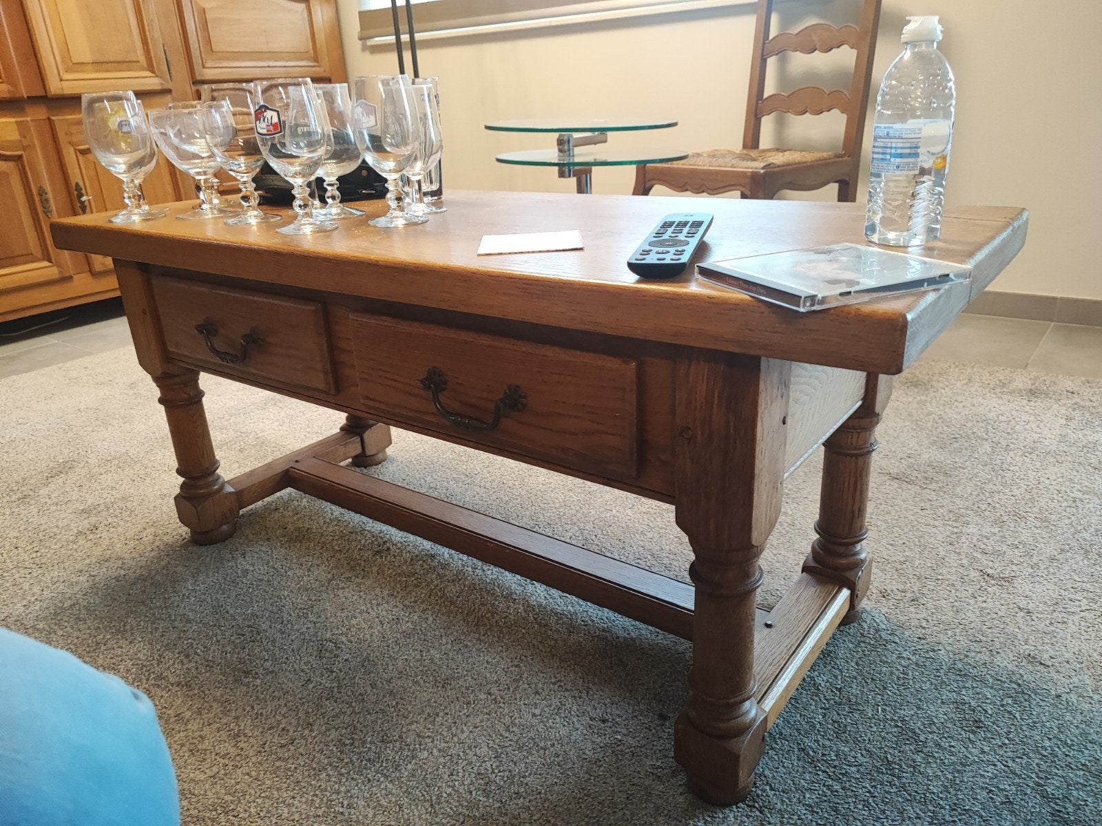 table basse rustique chêne massif deux tiroirs, Enlèvement
