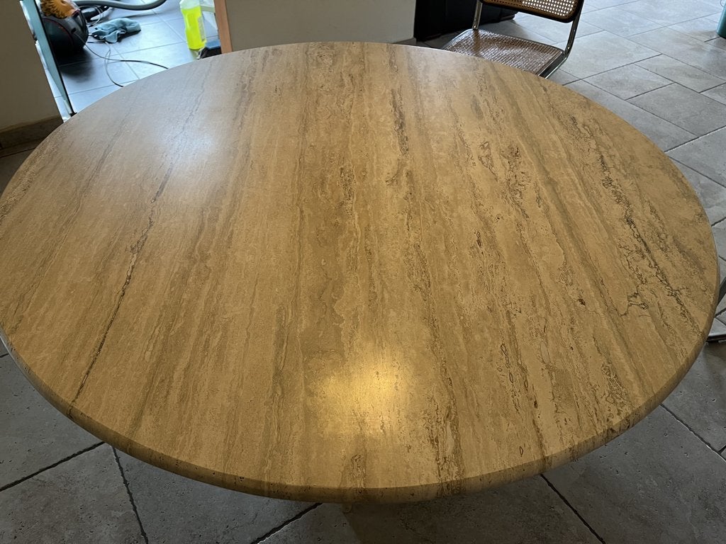 vintage italiaanse travertin eettafel, Ophalen, Overige materialen, 150 tot 200 cm, Rond
