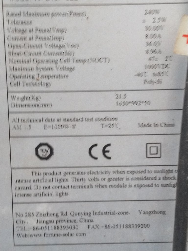 Panneau solaire photovoltaique 240W 7 dispo+4917647864455, Enlèvement ou Envoi, Utilisé, Panneau, 200 watts-crêtes ou plus
