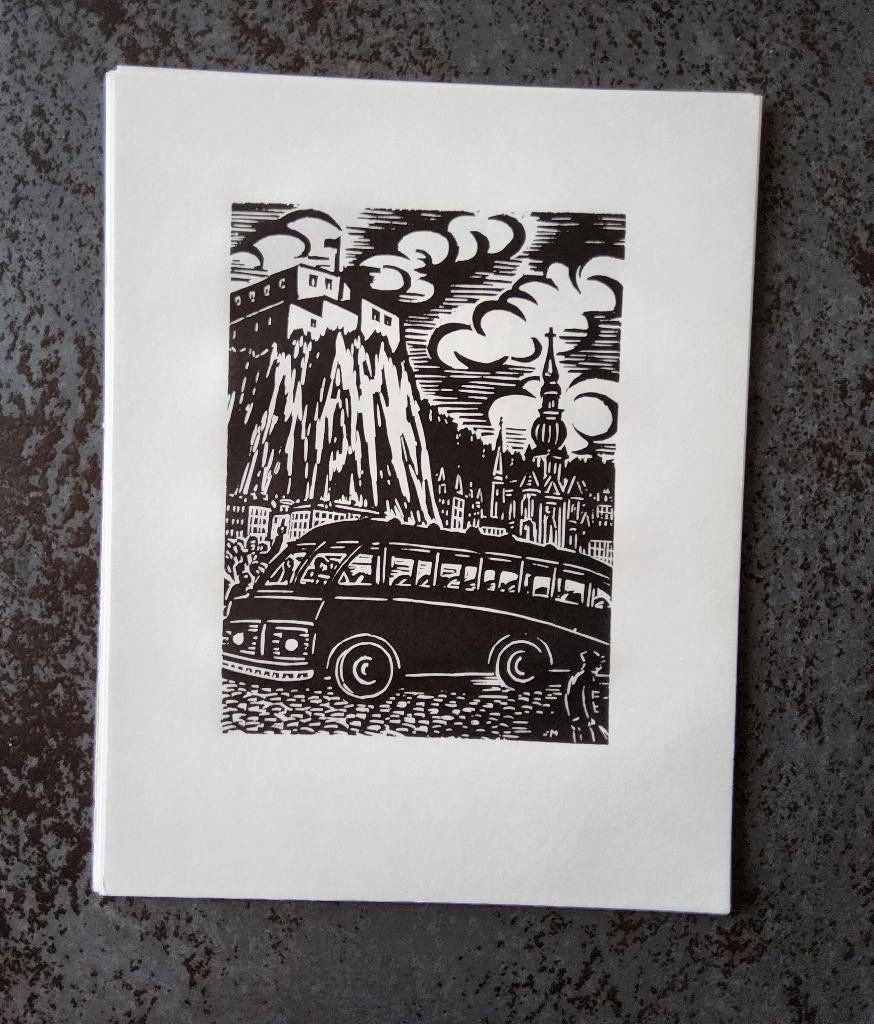 Houtsnede Toeristencar te Dinant door Frans Masereel, Antiek en Kunst, 1950 - 1999, Stadsgezicht, 19 cm, Ophalen of Verzenden