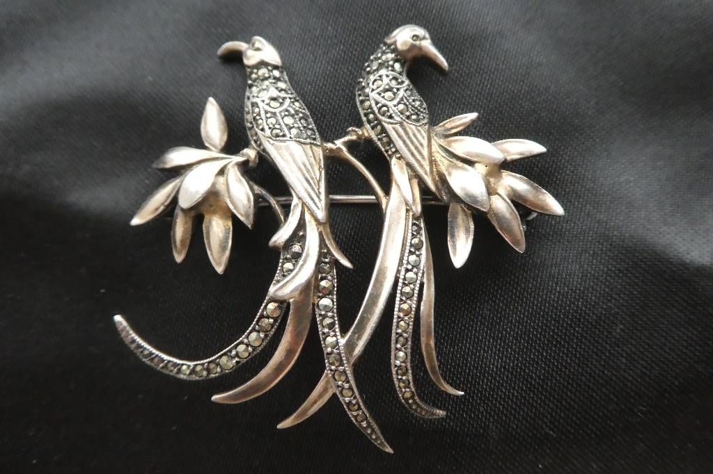 Superbe Broche Ancienne oiseaux Paradis Arg. 935 Marcassites, Enlèvement