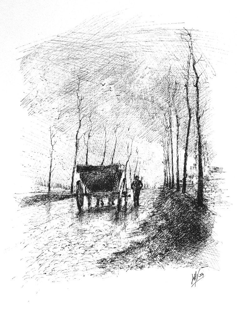 Dessin original "Sur la route de Furnes" 24x32cm, Antiquités & Art, Envoi, Dessin, Dessin à la plume, Signé