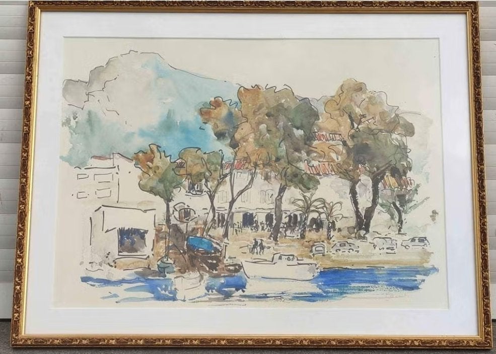 aquarelle place de village signe laout, Antiquités & Art, Art | Peinture | Classique, Enlèvement ou Envoi, Aquarelle