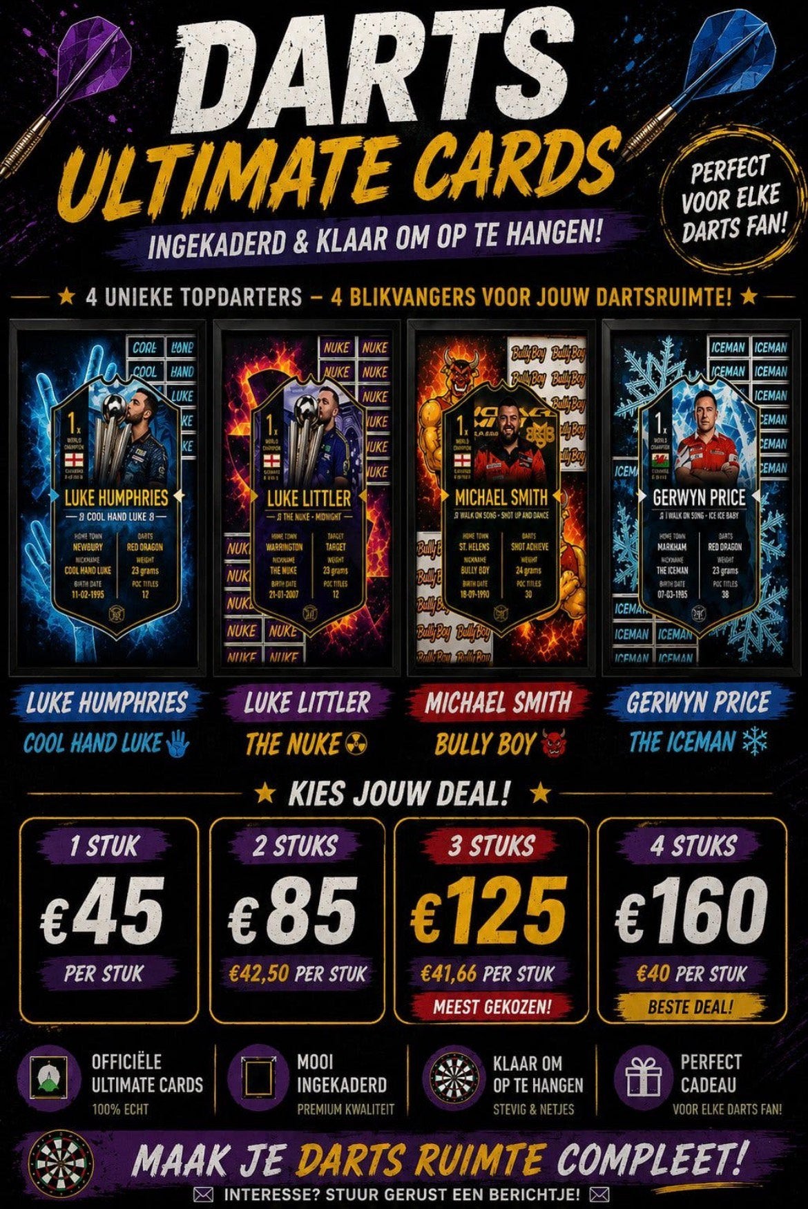 Te koop: prachtige ingekaderde Darts Ultimate Cards!, Verzamelen, Ophalen, Nieuw, Overige typen